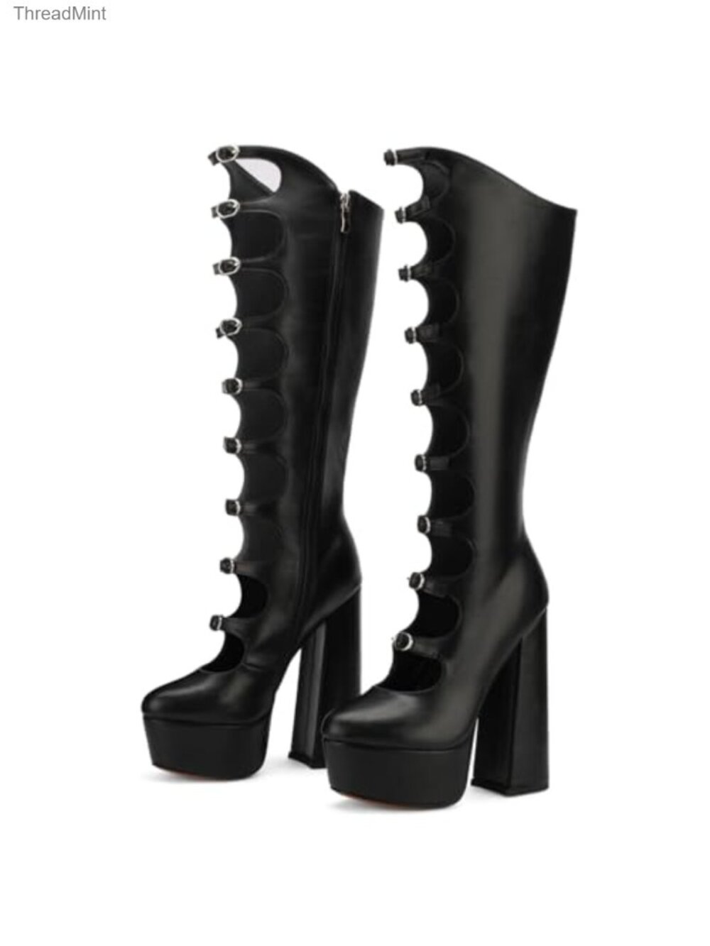 PU Leather Knee High Chunky Platform Gothic Boots Womens Lolita Punk Mid Calf